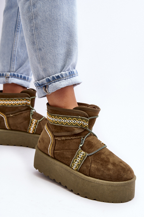 Women's snow boots with thick sole and laces, green Milson