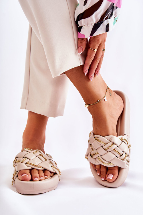 Women's Leather Slippers With A Chain Beige Soline