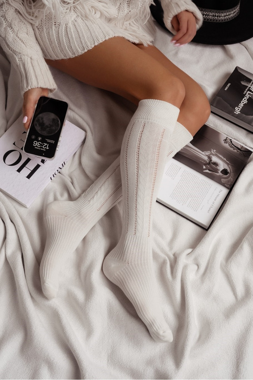 Damskie Podkolanówki Ażurowe Warkocz Ecru 