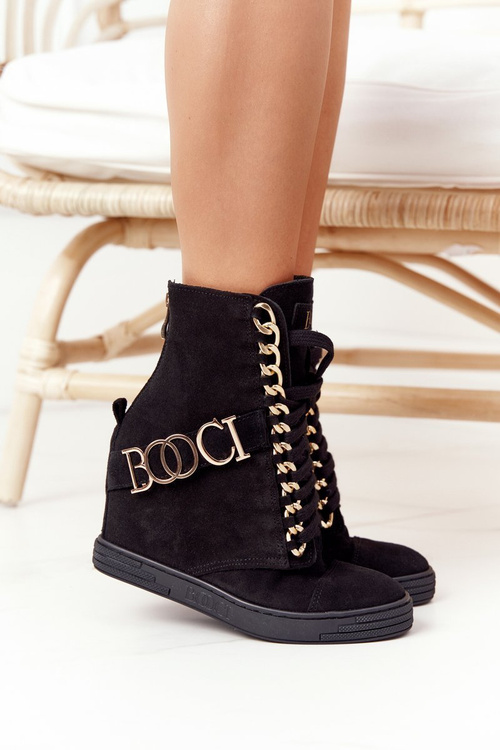 Women’s Suede Wedge Sneakers BOOCI 2222 Golden Letters Black