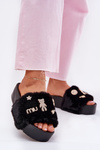 Ladies Platform Slippers With Fur And Gold Clips Black Livira