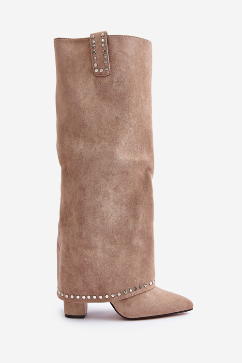 Damskie Kozaki Wywinięta Cholewka Obcas Słupek Beżowe Kaithena