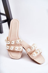 Women's Leather Slippers With Decorative Pearls Beige Lasello