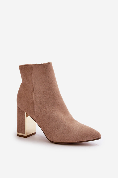 Eko Zamszowe Damskie Ocieplane Botki Na Słupku Zapinane Na Zamek Jasnobrązowe Mevair