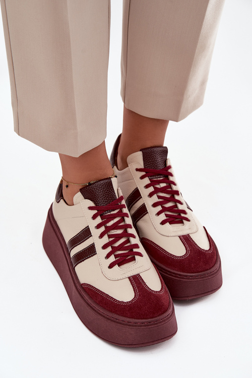 Damskie Sneakersy Skóra Naturalna Platforma Beżowo-Bordowe Zazoo 3775