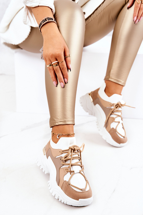 Sneakersy Buty Sportowe Skarpetka Beżowo-Białe Colleen