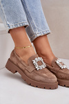 Eco Suede Women's Moccasins With Decorative Brooch Dark Beige Valiana