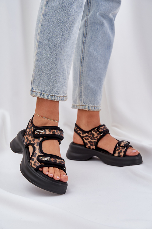 Sandały Damskie Lekkie Eko Skórzane Na Platformie Panterka Brązowe Deniffia