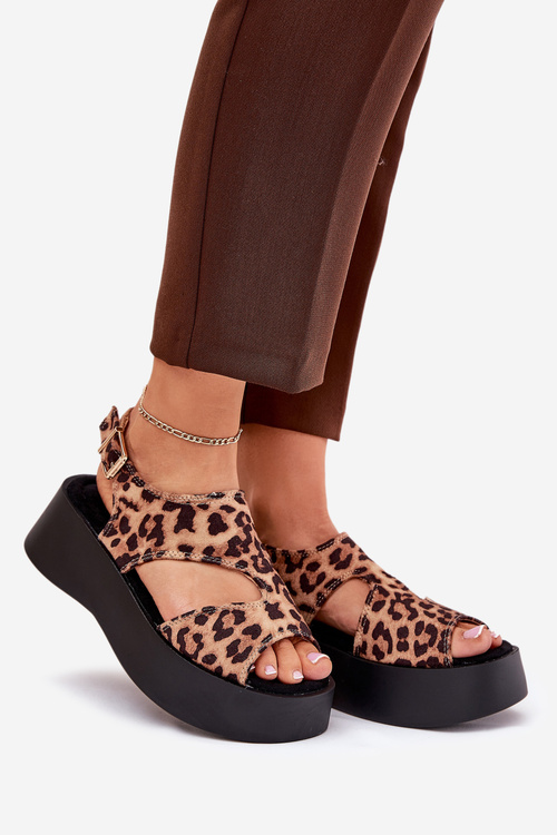 Women's Sandals With Leopard Print On Platform Eco Suede Brown Karonia