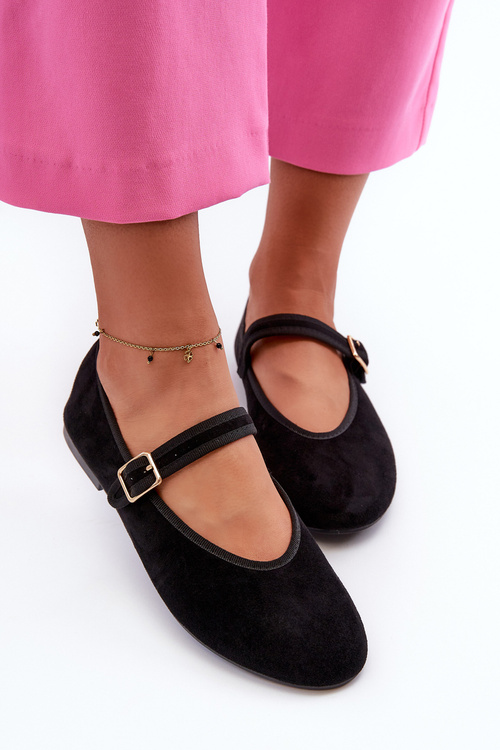 Black Eco-Suede Ballerina Flats with Buckle Anlofi