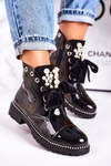 Insulated Boots With Pearls, Studs And Ribbon Patent Black Perla