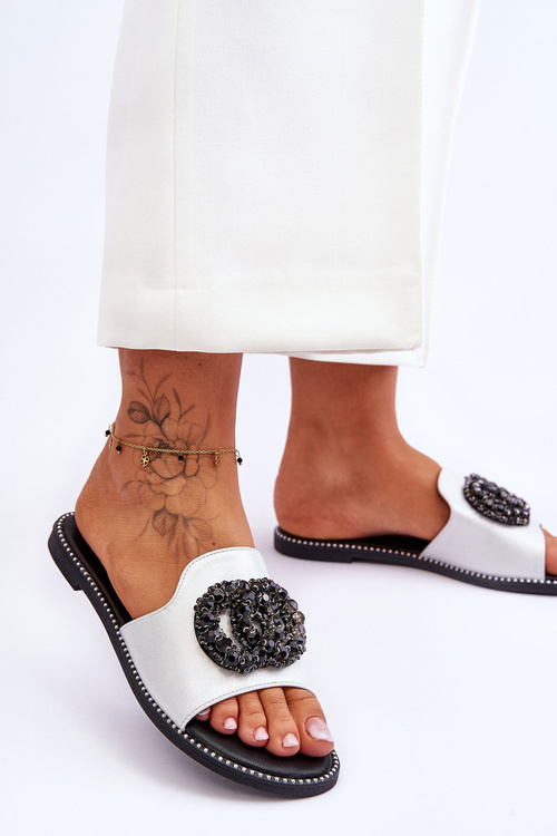 Women's Flat Slippers With Ornaments S.Barski KV-520-3 Silver