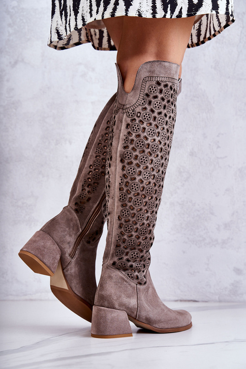 Openwork Suede High Boots Dark beige Hekilea