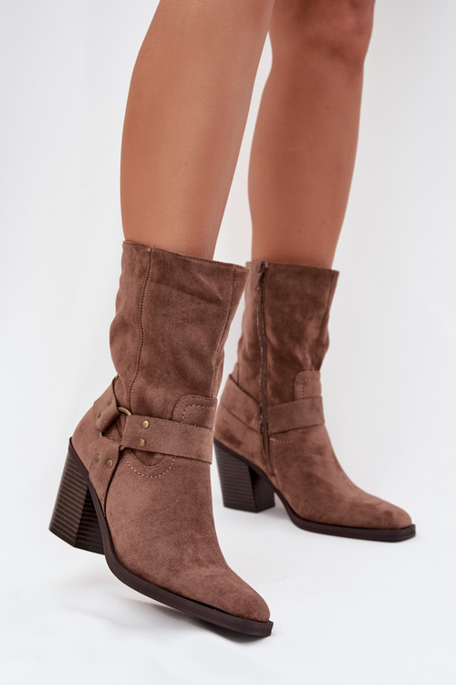 Women's Insulated Ankle Boots on Heels with Straps and Decorative Detail Brown Neria