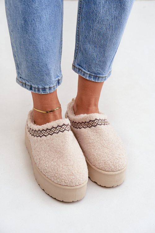 Snow Boots Slippers On Platform With Sheepskin Light Beige Leaniella