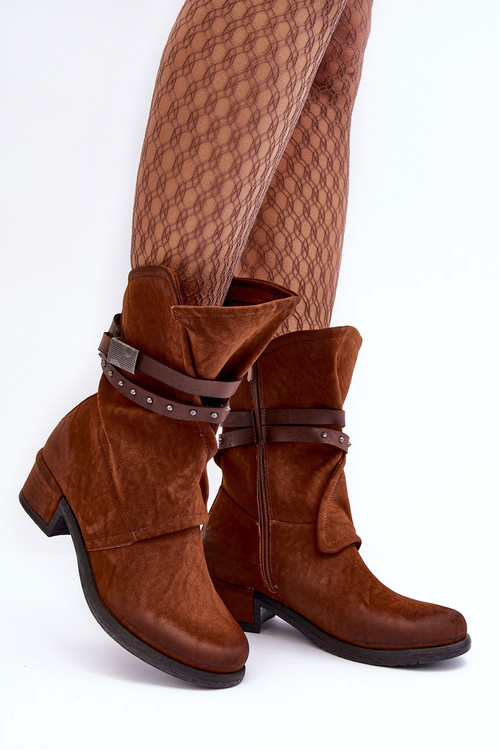 Women's Low Heel Boots With Straps Camel Thelereia