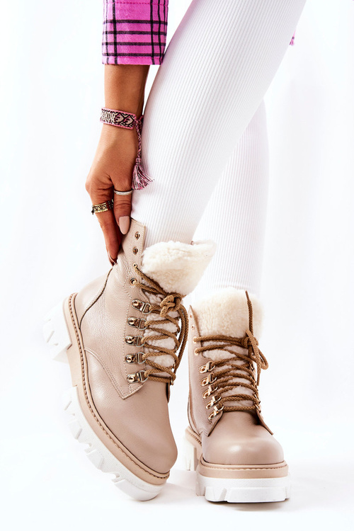 Padded Leather Worker Boots Beige Lecolly