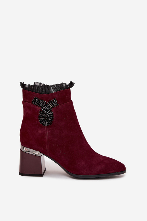Suede Leather Women's Ankle Boots On Heel With Decoration Insulated D&A MR52-127 Bordeaux