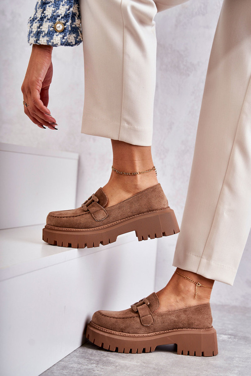 Półbuty Damskie Zamsz Ozdoba Ciemnobeżowe Leeza