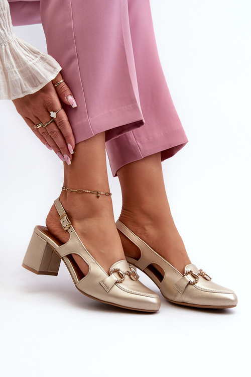 Sandały Damskie Skóra Naturalna Obcas Słupek Złote Maciejka 06419-25