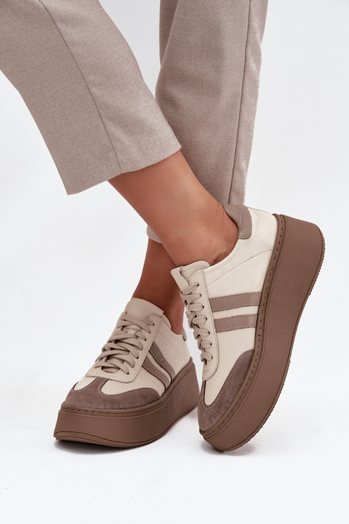 Damskie Sneakersy Skóra Naturalna Platforma Beżowe Zazoo 3775