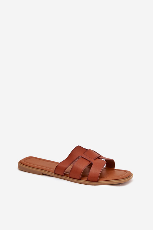 Damskie Klapki Eko Skóra Płaski Obcas Camel Mirona