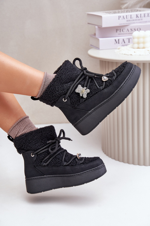 Damskie Śniegowce Na Platformie Z Przypinkami I Futerkiem Czarne Almatiza