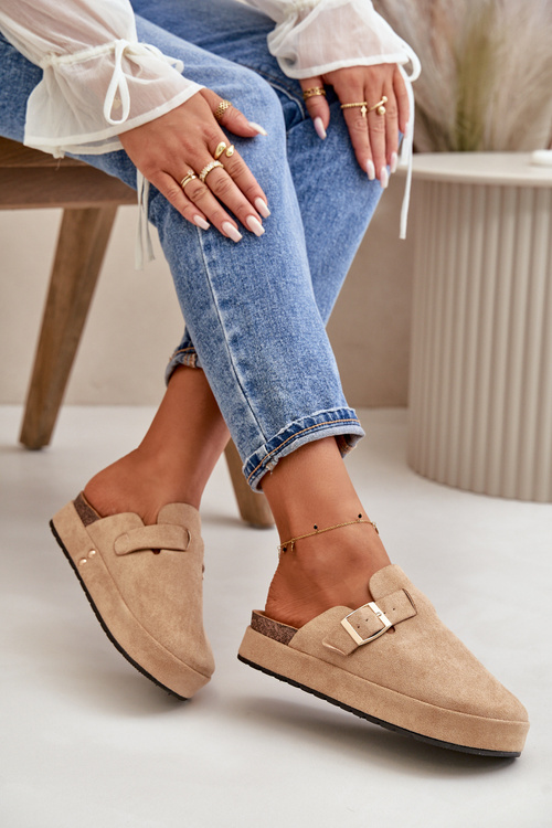 Women's Platform Clogs With Gold Buckle Dark Beige Terilaina