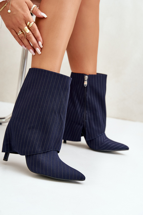 Women's Striped Stiletto Ankle Boots With Rolled Shaft And Pointed Toes Navy Naritua