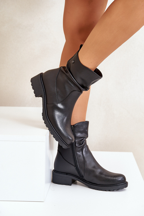 Damskie Botki Z Marszczeniem Skóra Naturalna Ocieplane Vinceza 66714 Czarne