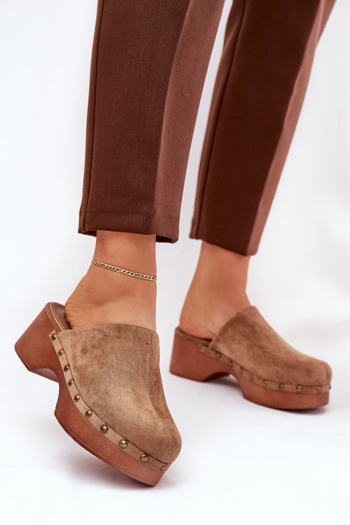 Women Slippers With Studs Eco Suede Camel Ellason