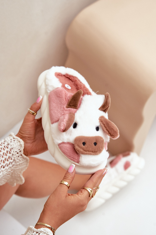 Kapcie Krowy Futrzane Na Grubej Podeszwie Różowe Remiola