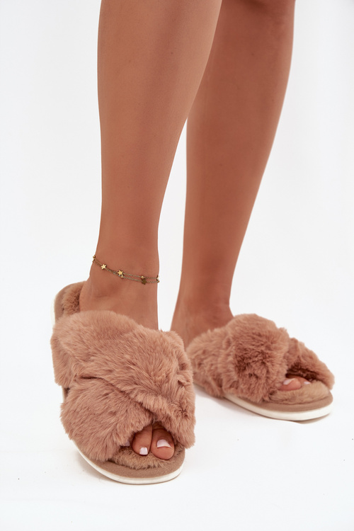 Furry Women's Slippers With Intertwined Straps Camel Quenelle