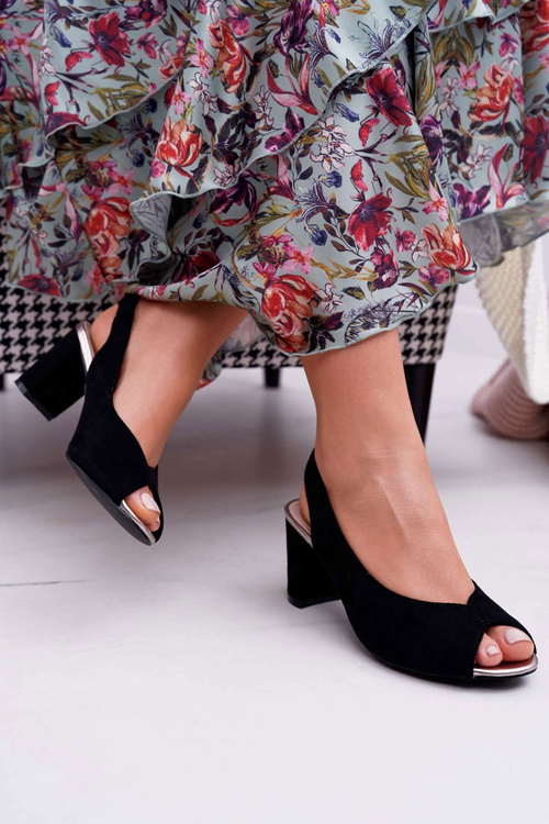 Sandały Damskie Na Słupku Zamszowe Czarne Pollem