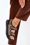 Ladies Patterned Fabric Sandals With Golden Details Beige-Black Pefese