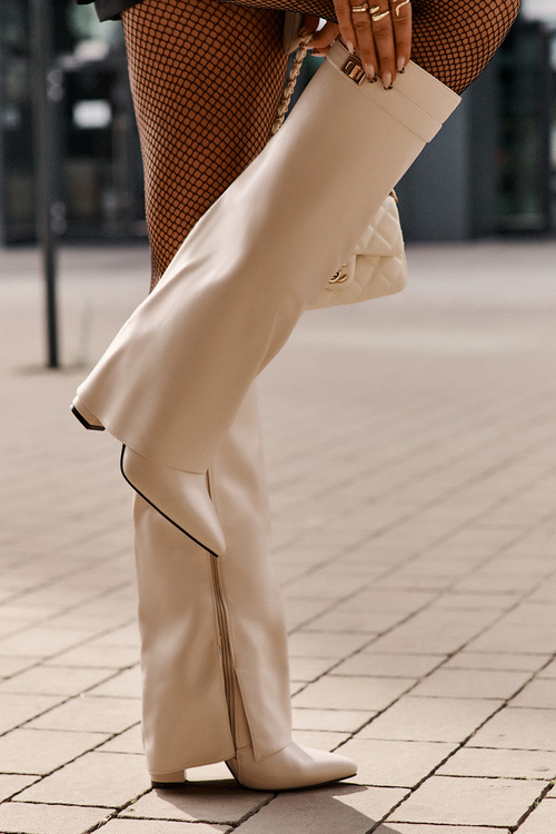 Damskie Kozaki Obcas Słupek Wywinięta Cholewka Eko Skóra Jasnobeżowe Avamora