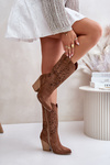 Kozaki Ażurowe Zamszowe Na Słupku Do Połowy Łydki Brązowe Lewski 3609