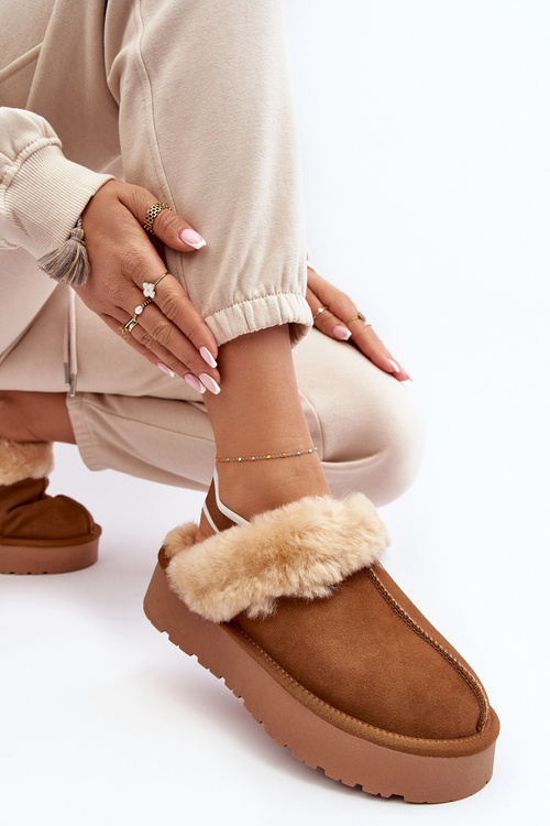 Skórzane Zamszowe Kapcie Damskie Platforma Futerko Camel Sophienne W5827