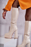 Fashionable Leather Boots On Chunky Heels Beige Meggie