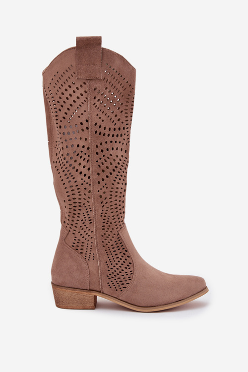 Perforated Women's Knee-high Block Heeled Boots Beige Fioris