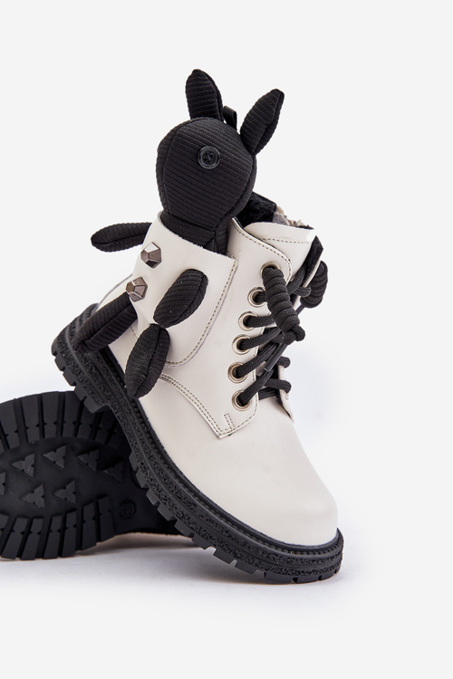 Leather Insulated Children's Boots With Zipper And Bear White Vinceza 36261