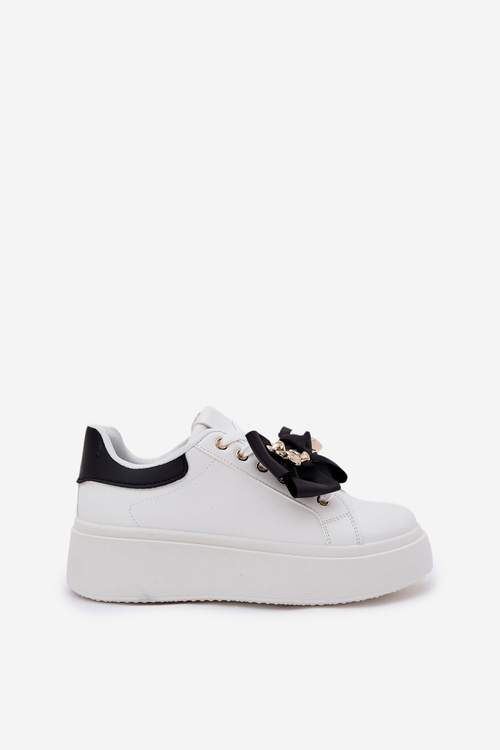 Women's Sneakers With Bow And Brooch With Bear Black-White Leathria