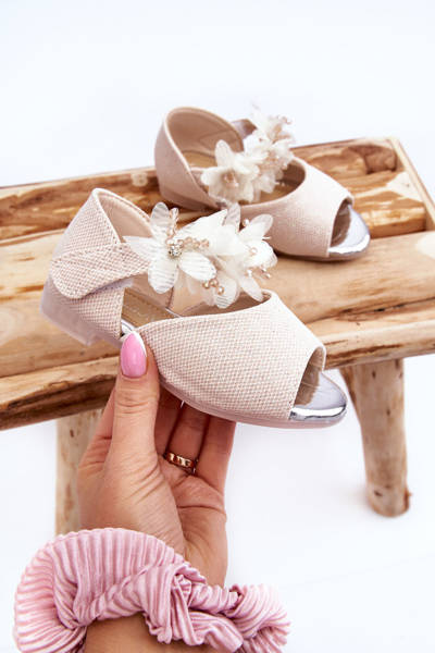 Children's Velcro Sandals With Flowers Beige Fiona