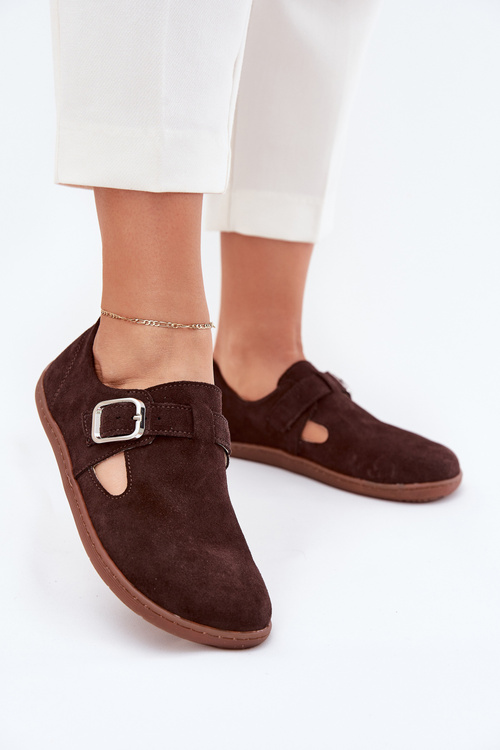 Suede barefoot women's loafers with buckle Zazoo N1261 chocolate