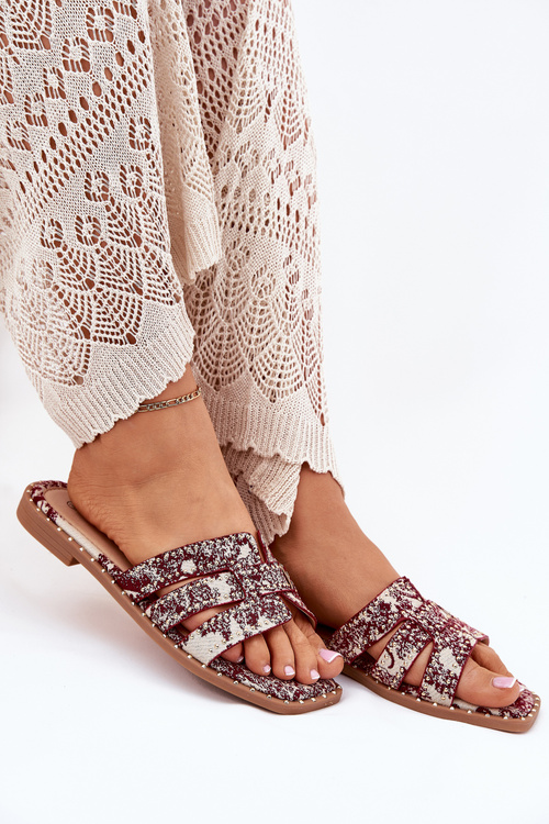 Damskie Materiałowe Płaskie Klapki Ze Zdobieniem Bordowe Anniles