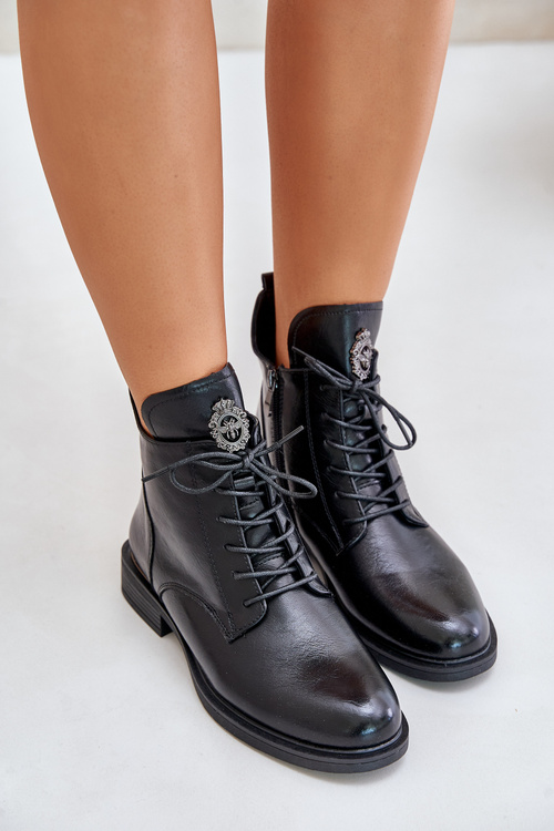 Botki Płaski Obcas Ozdoba Ocieplane Na Zamek Czarne Leonise