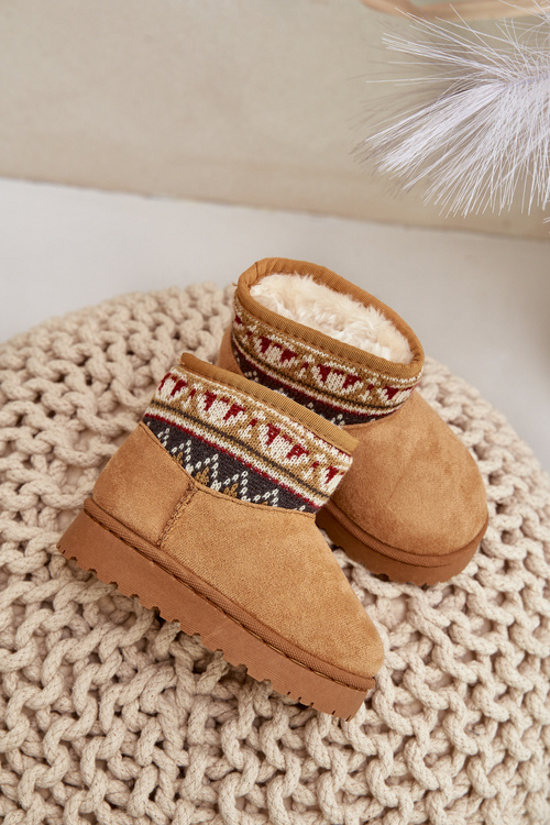 Slip On Snow Boots For Kids With Patterned Insert Lined With Fur Camel Mirirae