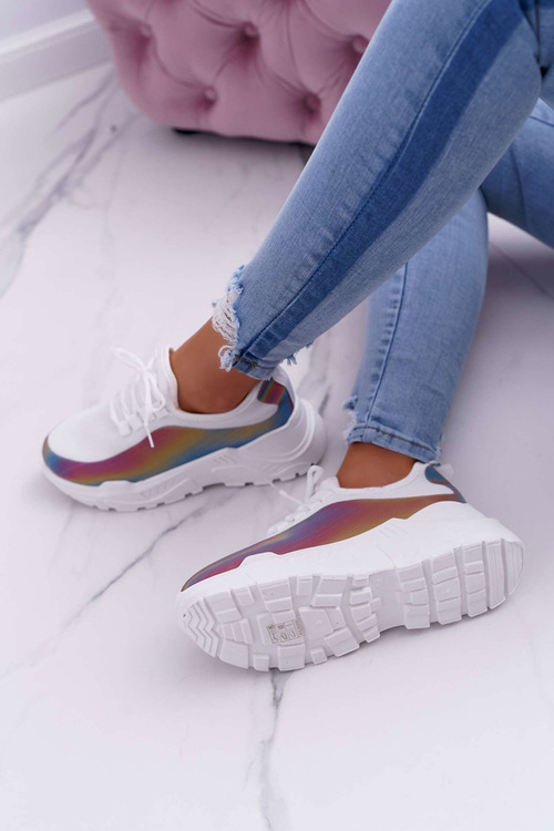 Sportowe Damskie Buty Gruba Podeszwa Holograficzne Białe Party Up