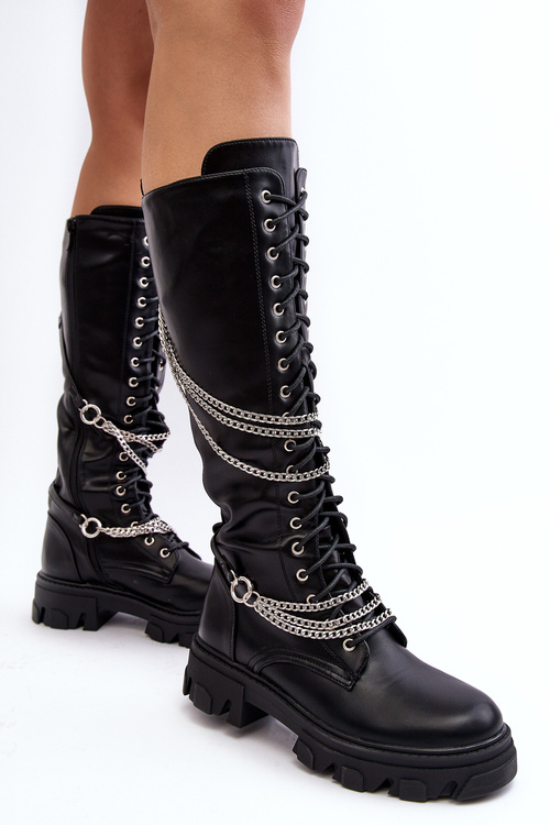 Women's Classic Leather Boots with Chains Black Lannera