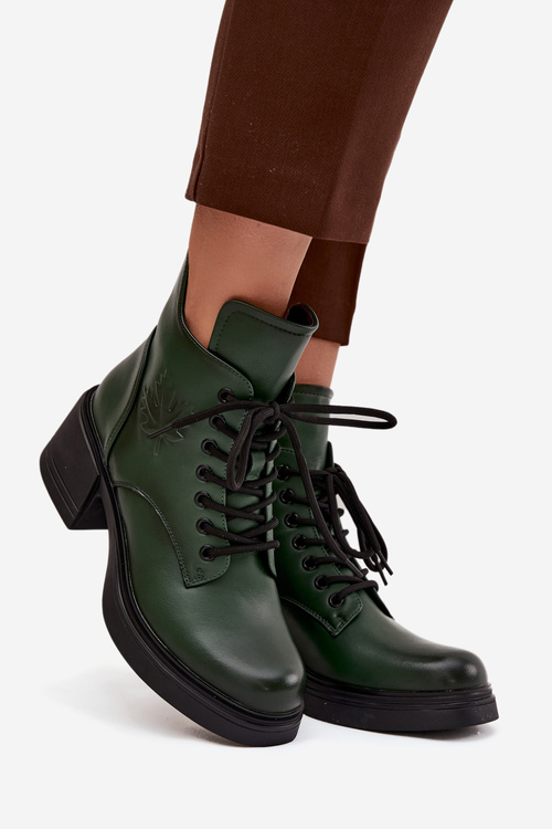 Women's Leather Block Heeled Boots with Lining Vinceza 39950 Dark Green